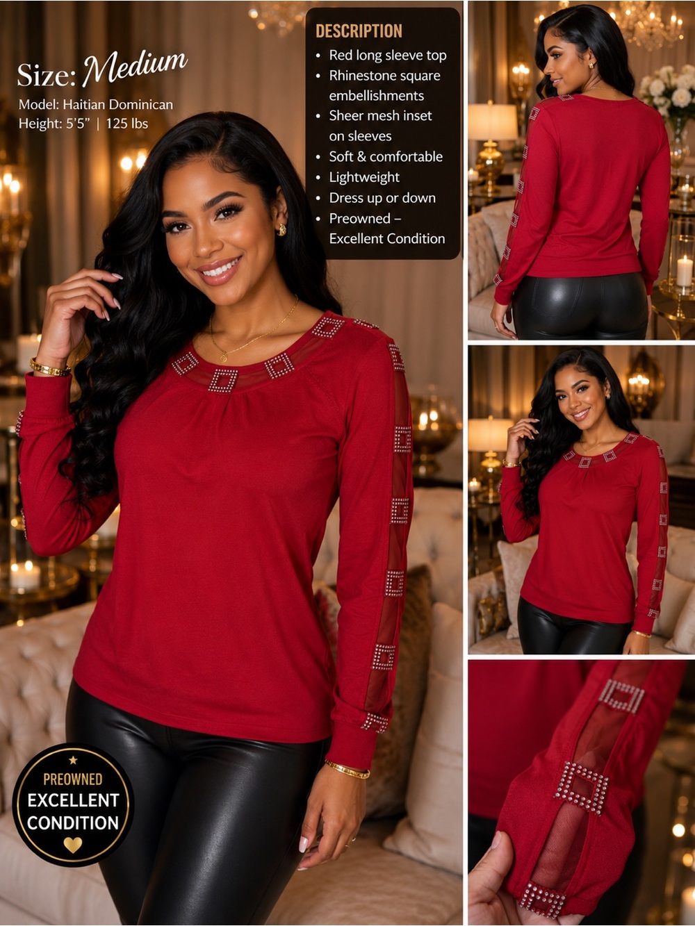Rhinestone Accent Red Long-Sleeve Top